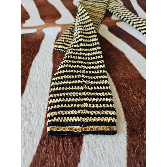 Vintage Chanel 100% Silk Gold Black Knit Tie Chain Edge CC Logo Made In Italy - Picture 8 of 8